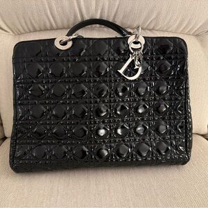 Dior Black Patent Leather Quilted Cannage Handbag with Silver Hardware